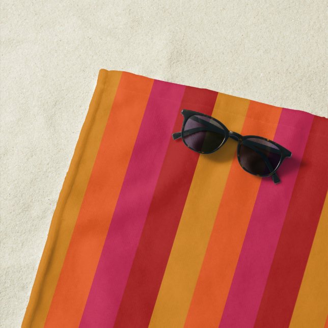 Cool Retro 70s Stripes Orange Red Pink Gold Beach Towel (In Situ)