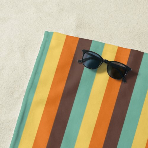 Cool Retro 70s Stripes Teal Yellow Orange Brown Beach Towel