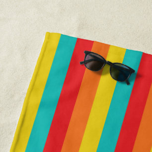 Cool Retro 70s Stripes Turquoise Yellow Orange Red Beach Towel