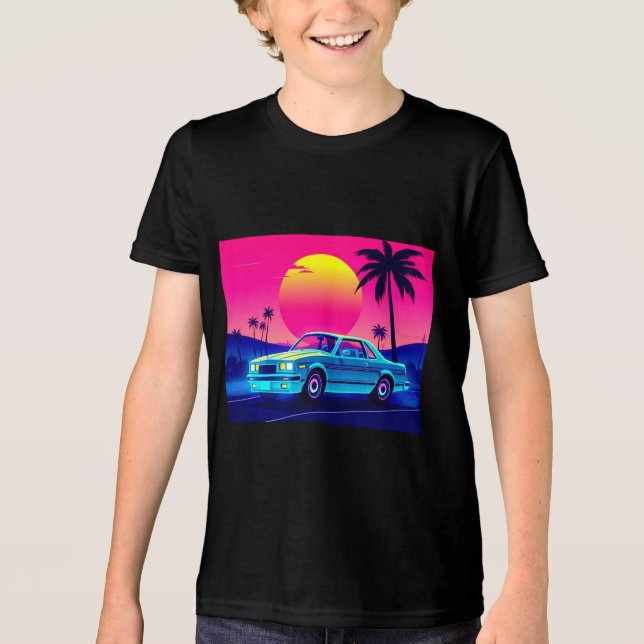 Cool Retro 80s Neon Muscle Car Kids T-Shirt Tri-Blend Shirt (Front)