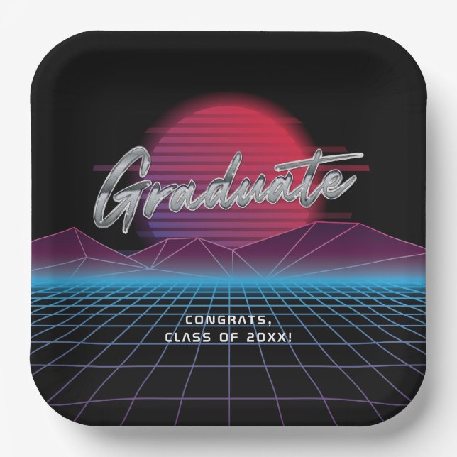 Cool Retro 80's Synthwave New Wave Grad Party Paper Plates (Front)