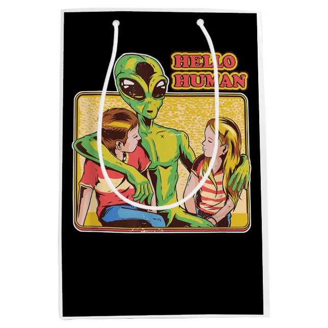 Cool Retro Alien ET Hello Humans Outer Space Galax Medium Gift Bag (Front)