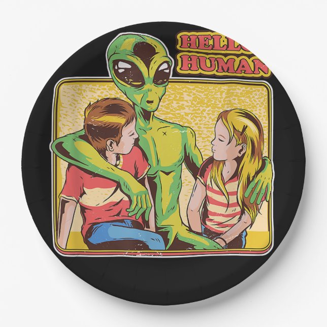Cool Retro Alien ET Hello Humans Outer Space Galax Paper Plates (Front)