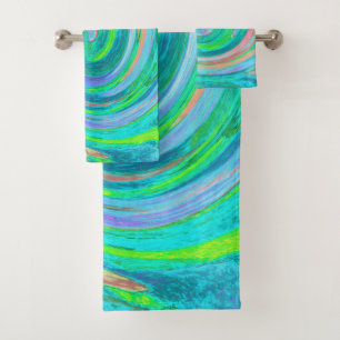 Cool Retro Aquamarine and Coral Liquid Art Swirl Bath Towel Set