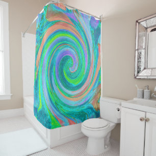 Cool Retro Aquamarine and Coral Liquid Art Swirl Shower Curtain