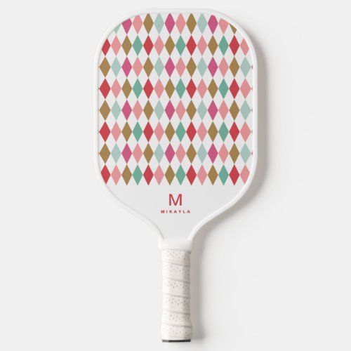 Cool Retro Argyle Diamonds Pattern Monogram Pickle Pickleball Paddle