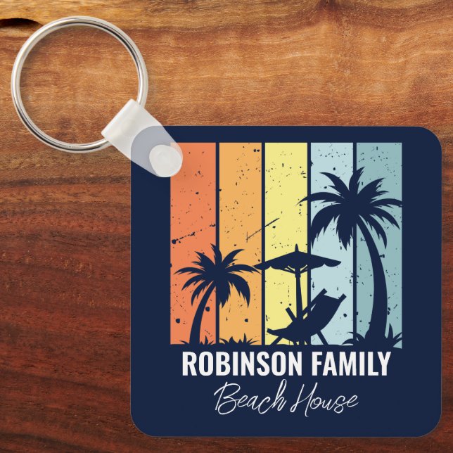 Cool Retro Beach House Custom Navy Blue Keychain (Front)