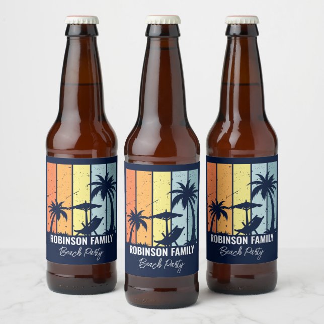 Cool Retro Beach Party Custom Navy Blue Beer Bottle Label (Bottles)