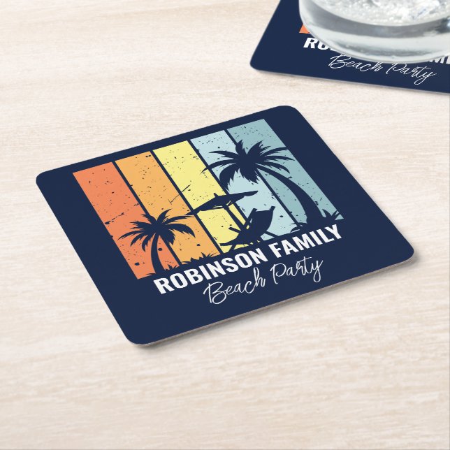 Cool Retro Beach Party Custom Navy Blue Square Paper Coaster (Angled)