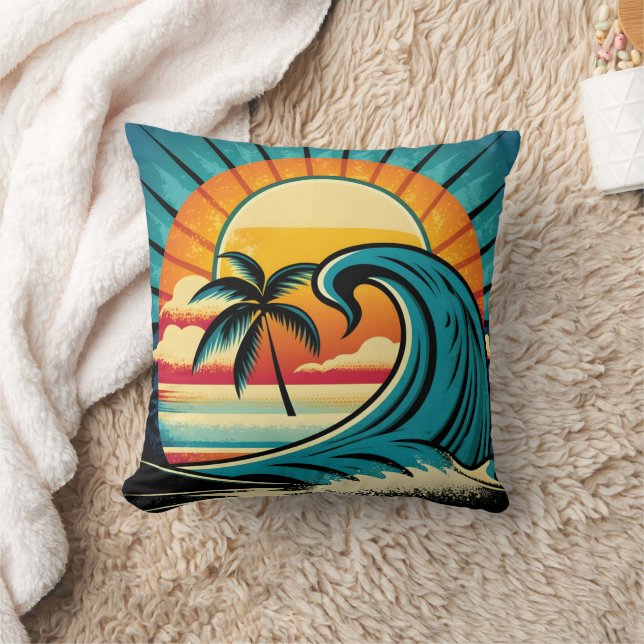Cool retro beach scene  throw pillow (Blanket)