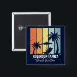 Cool Retro Beach Vacation Custom Navy Blue Button<br><div class="desc">Personalized navy blue beach button keepsake for your family trip to Hawaii, Florida, or other tropical island destinations. Cool palm trees sway against retro colors of orange and yellow above your customized vacation name in white script. Matching gifts are great for a group going on a cruise or coastal getaway....</div>