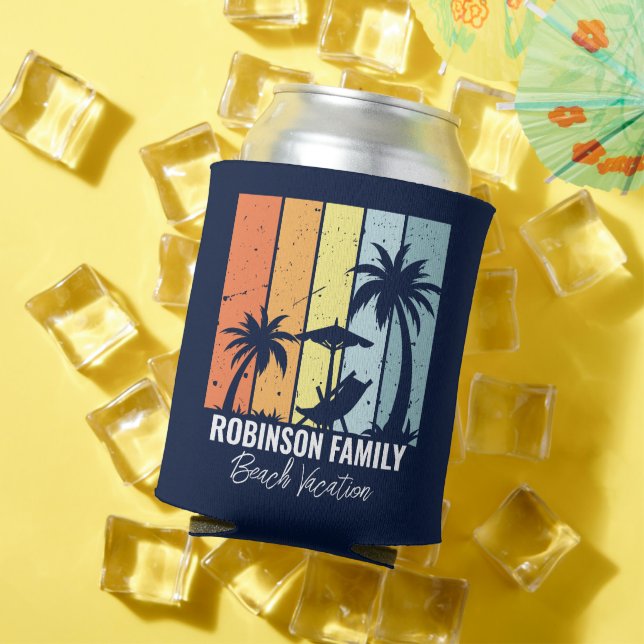 Cool Retro Beach Vacation Custom Navy Blue Can Cooler (In Situ Summer)