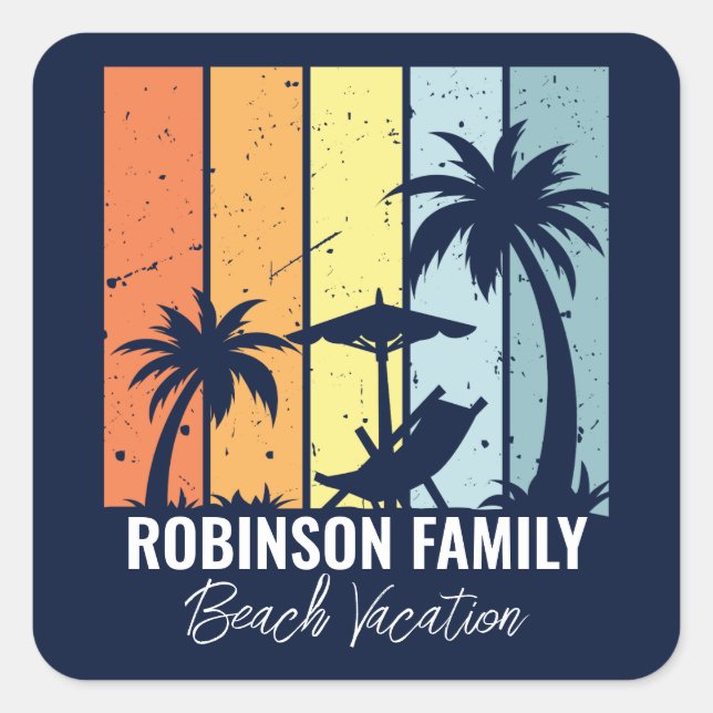 Cool Retro Beach Vacation Custom Navy Blue Square Sticker (Front)