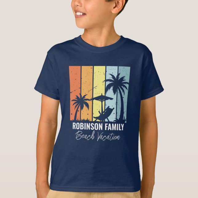 Cool Retro Beach Vacation Navy Blue Kids T-Shirt (Front)