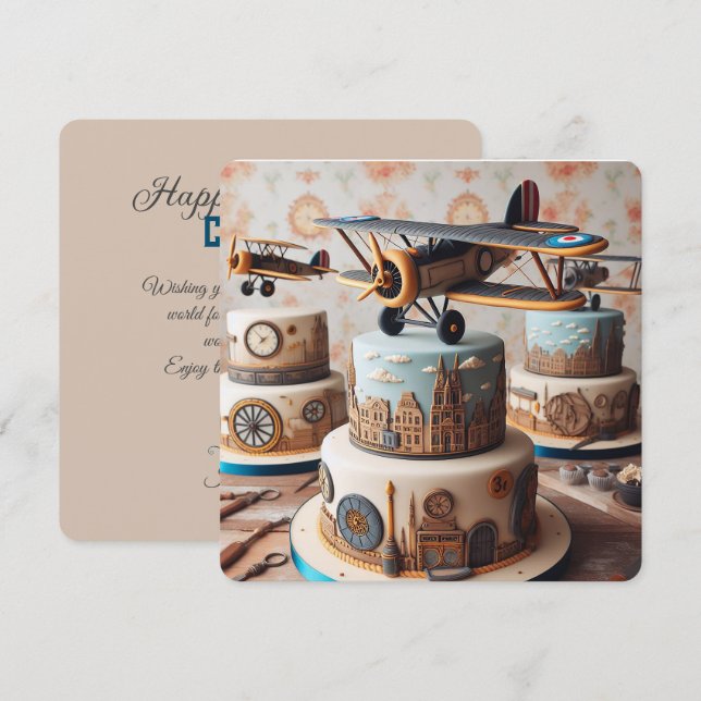 COOL RETRO BIPLANE BIRTHDAY CAKE CARD (Front/Back)