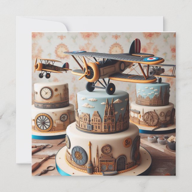 COOL RETRO BIPLANE BIRTHDAY CAKE CARD (Front)