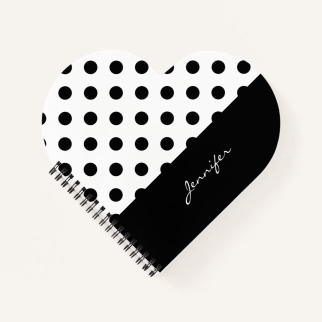 Cool Retro Black and White Polka Dots with Name Notebook (Front)