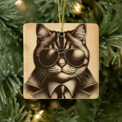 Cool Retro Cat in Aviator Sunglasses Christmas Ceramic Ornament