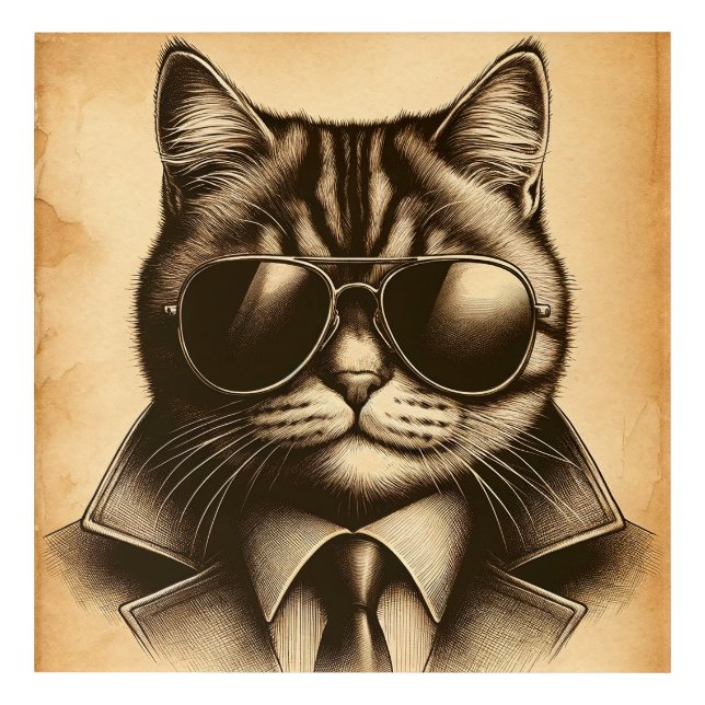 Cool Retro Cat in Aviator Sunglasses, Sepia Acrylic Print (Front)