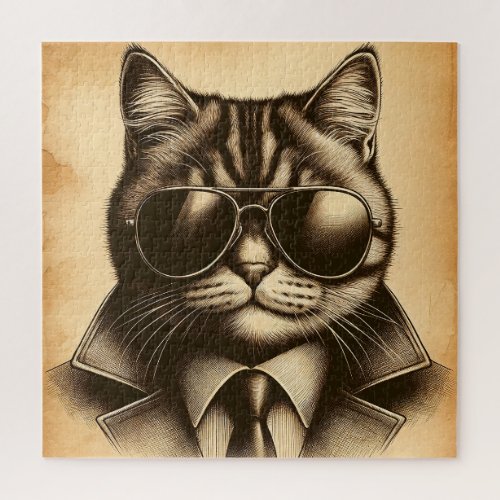 Cool Retro Cat in Aviator Sunglasses Sepia Jigsaw Puzzle
