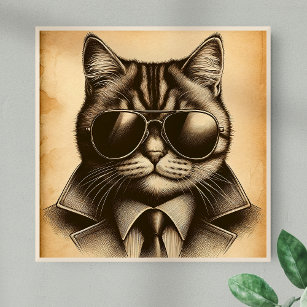 Cool Retro Cat in Aviator Sunglasses, Sepia Poster