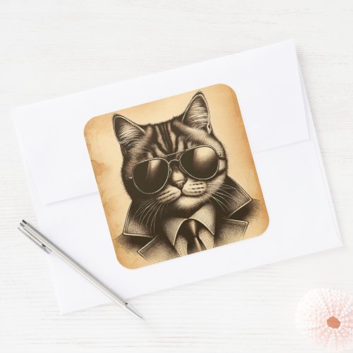 Cool Retro Cat in Aviator Sunglasses Sepia Square Sticker