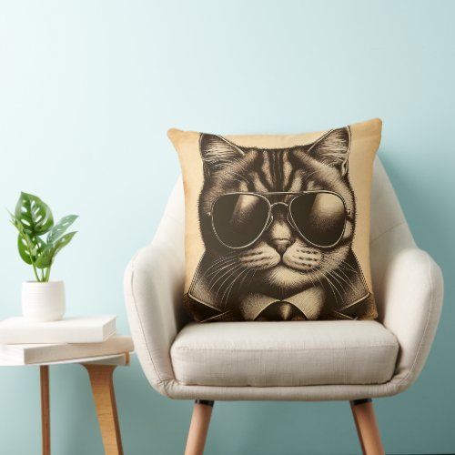 Cool Retro Cat in Aviator Sunglasses Sepia Throw Pillow