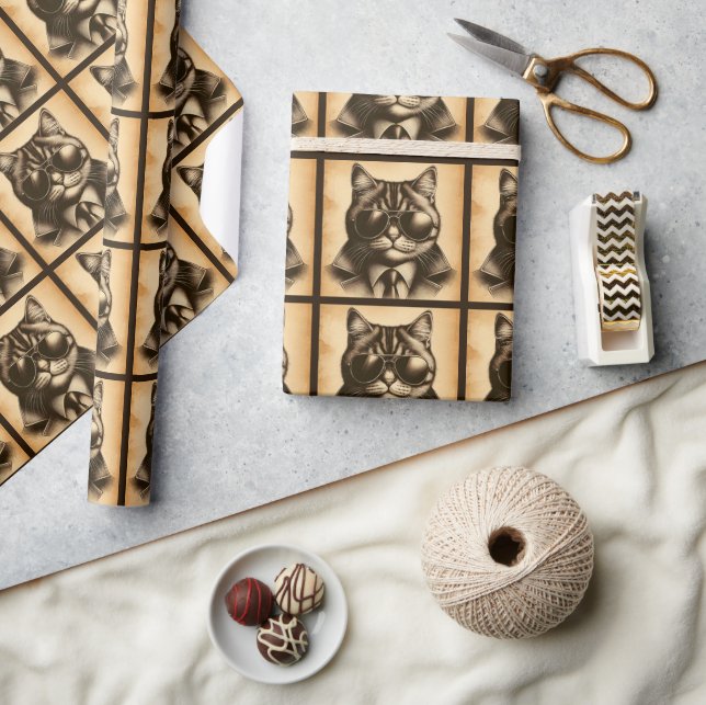Cool Retro Cat in Aviator Sunglasses, Sepia Wrapping Paper (Crafts)