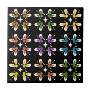Cool retro coloring l Multicolor floral l Black Ceramic Tile