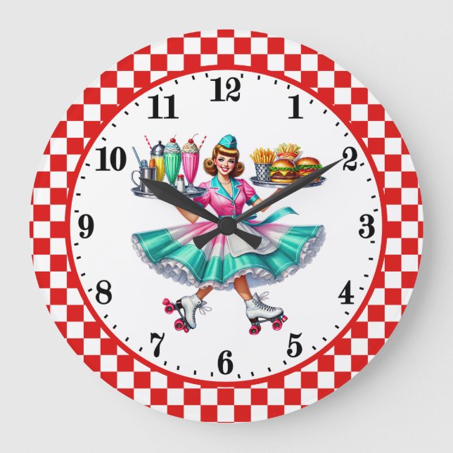 Cool Retro diner 50's server Large Clock (Front)