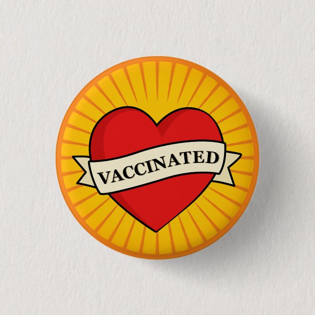 Cool Retro Fun Red Heart With Banner Vaccinated Button (Front)