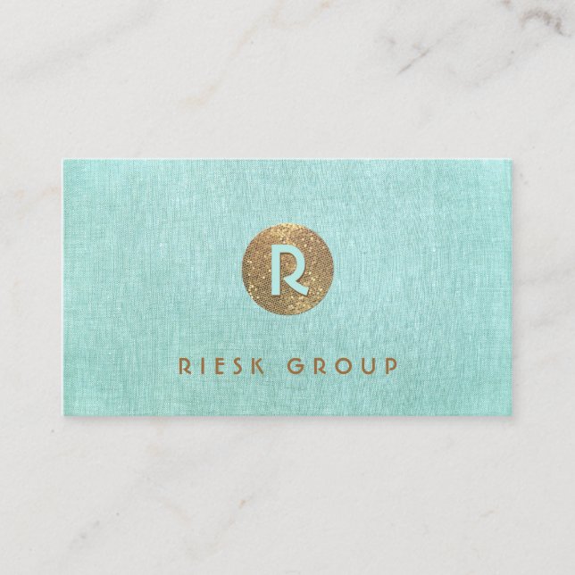 Cool Retro Gold Monogram Modern Aqua Blue Business Card (Front)