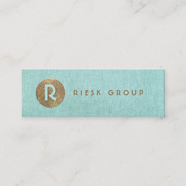 Cool Retro Gold Monogram Modern Aqua Blue Mini Business Card (Front)