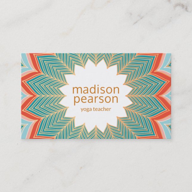 Cool Retro Lotus Mandala Flower Yoga Teacher Business Card (Front)
