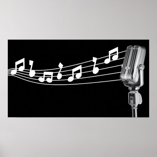 Cool Retro Mic  Musical Notes Black Custom Poster