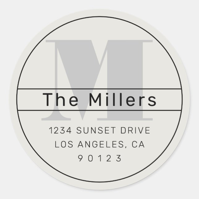 Cool Retro-Modern Address Black Grey Off-White  Classic Round Sticker (Front)