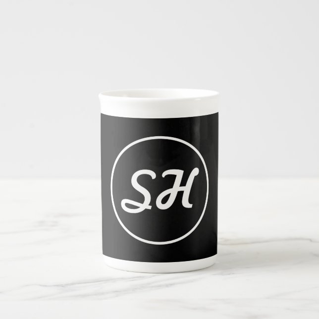 Cool Retro-Modern Style Monogram | Black & White Bone China Mug (Front)