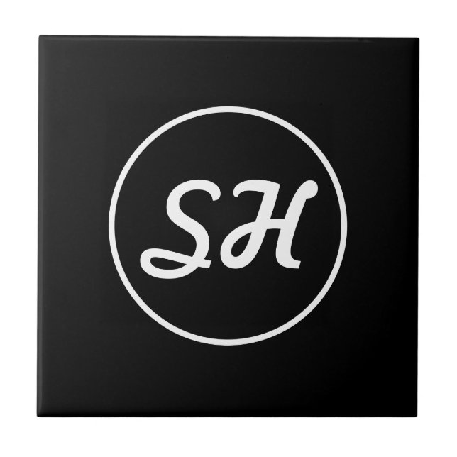 Cool Retro-Modern Style Monogram | Black & White Ceramic Tile (Front)