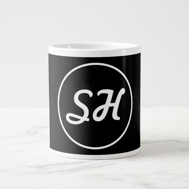 Cool Retro-Modern Style Monogram | Black & White Giant Coffee Mug (Front)