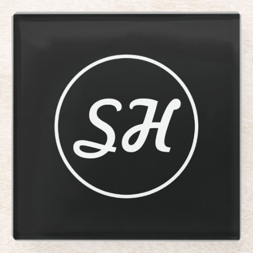 Cool Retro_Modern Style Monogram  Black  White Glass Coaster