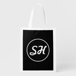 Cool Retro-Modern Style Monogram | Black &amp; White Grocery Bag
