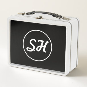 Cool Retro-Modern Style Monogram   Black & White Metal Lunch Box