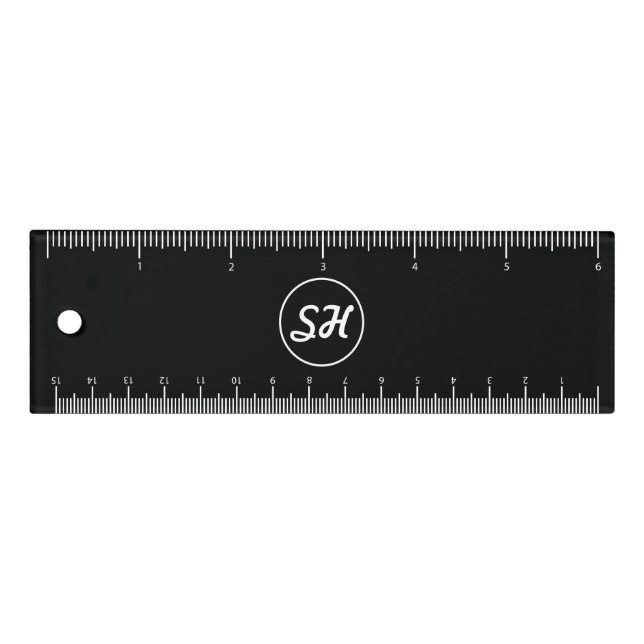 Cool Retro-Modern Style Monogram | Black & White Ruler (Front)
