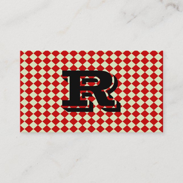 Cool Retro Monogram Red Checkered Pattern Business Card (Front)