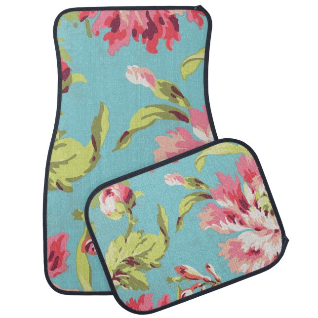 Cool Retro Pink and Blue Floral Car Mat (Set)