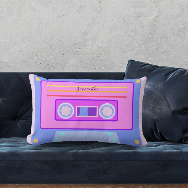 Cool Retro Pink Purple Blue 80s 90s Cassette Dorm Lumbar Pillow (Creator Uploaded)