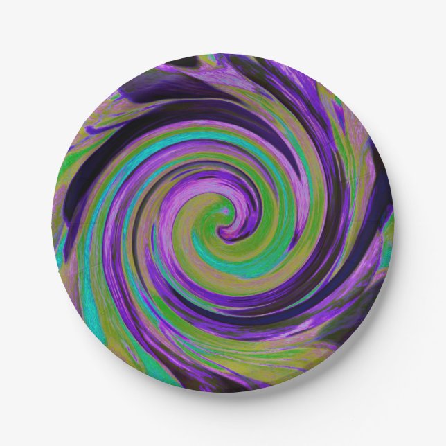 Cool Retro Purple and Chartreuse Liquid Art Swirl Paper Plates (Front)