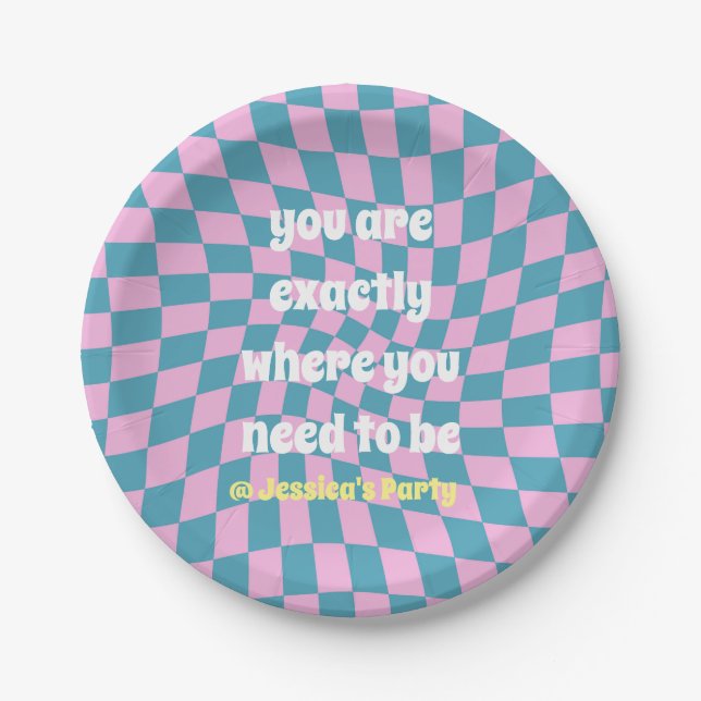 Cool retro quote pink blue checkered party theme paper plates (Front)