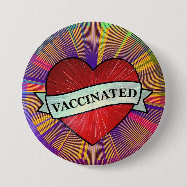 Cool Retro Rainbow Heart With Banner Vaccinated Bu Button (Front)