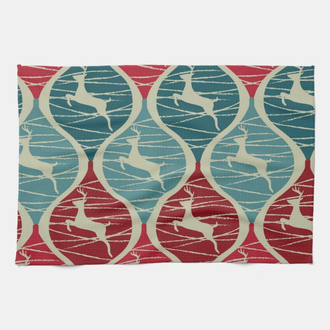 Cool Retro Red and Blue Christmas Reindeer Xmas Towel (Horizontal)